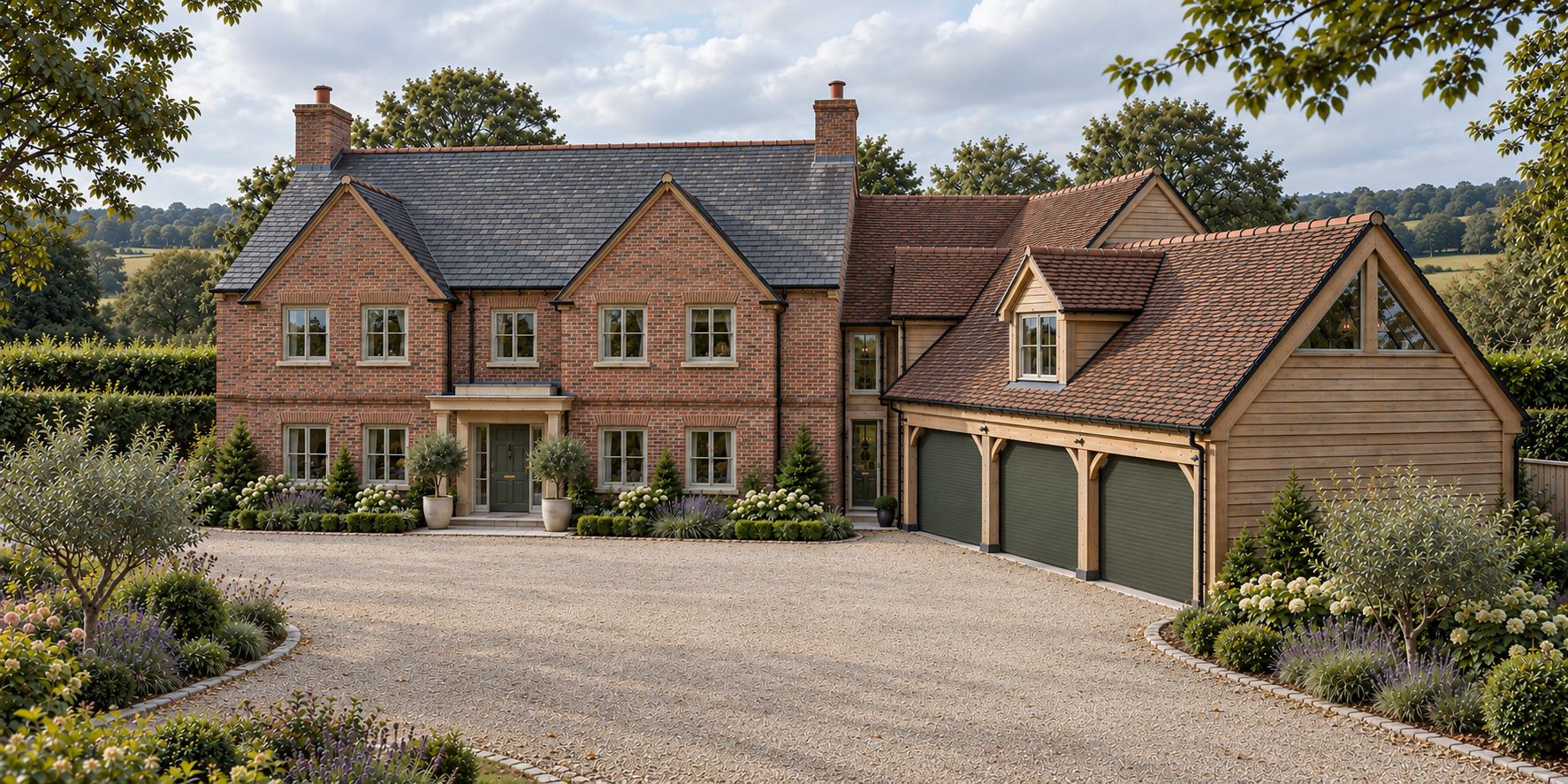 Concept CGI showing the front elevation of The Farmhouse, its three-door garage and gravel driveway.