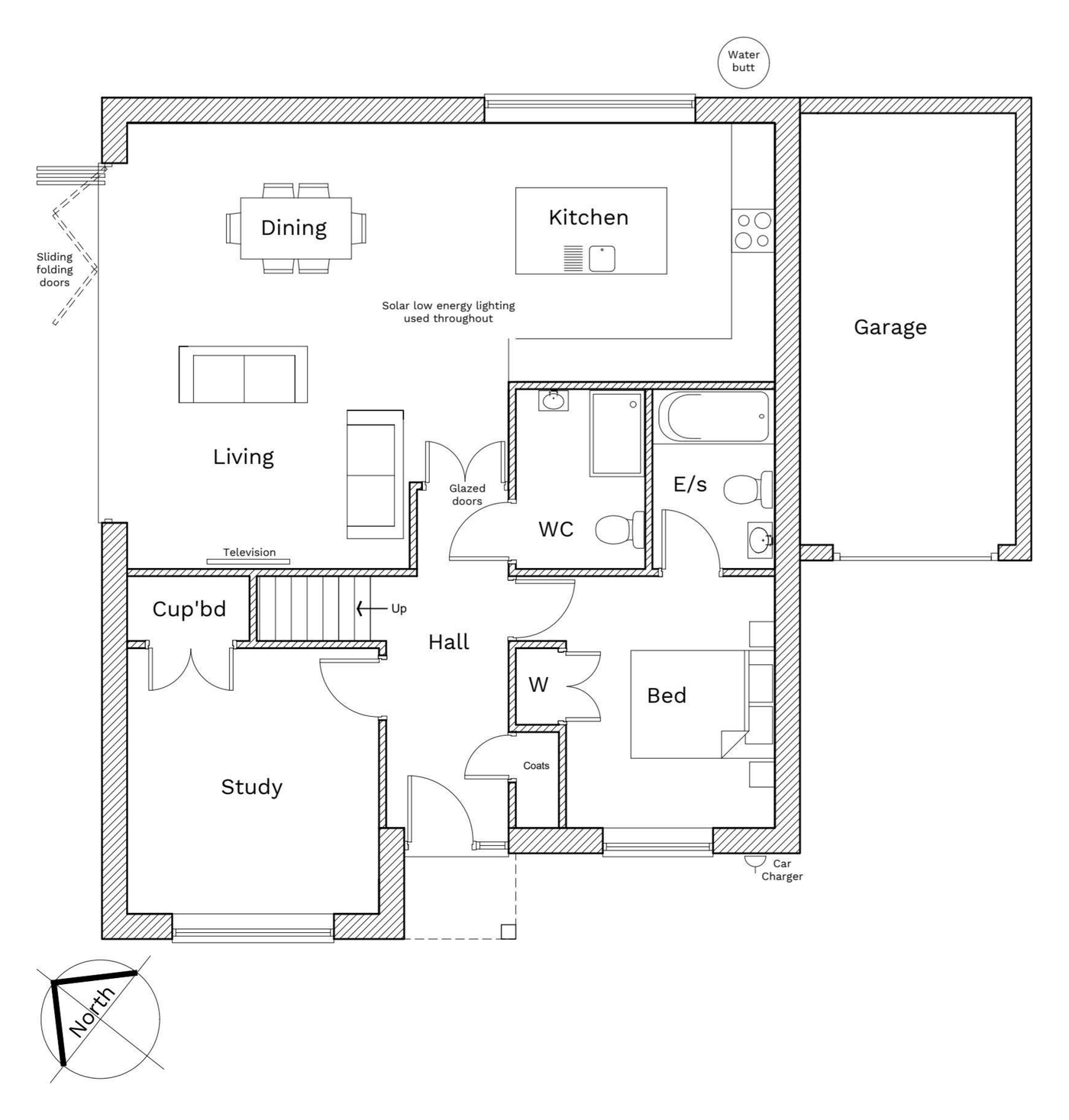 Plot 3 ground floor plan: kitchen, dining and living area, study, ground-floor bedroom with en suite, shower room and garage