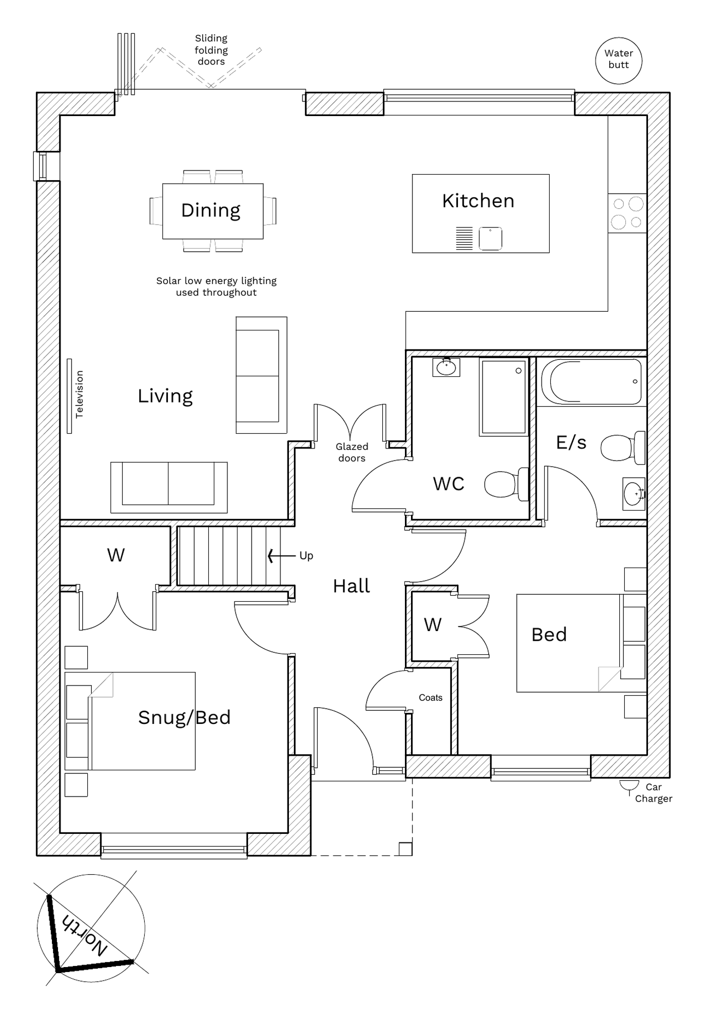 Plots 4, 5 and 6 ground floor plan: kitchen, dining and living area, two ground-floor bedrooms, en suite and shower room